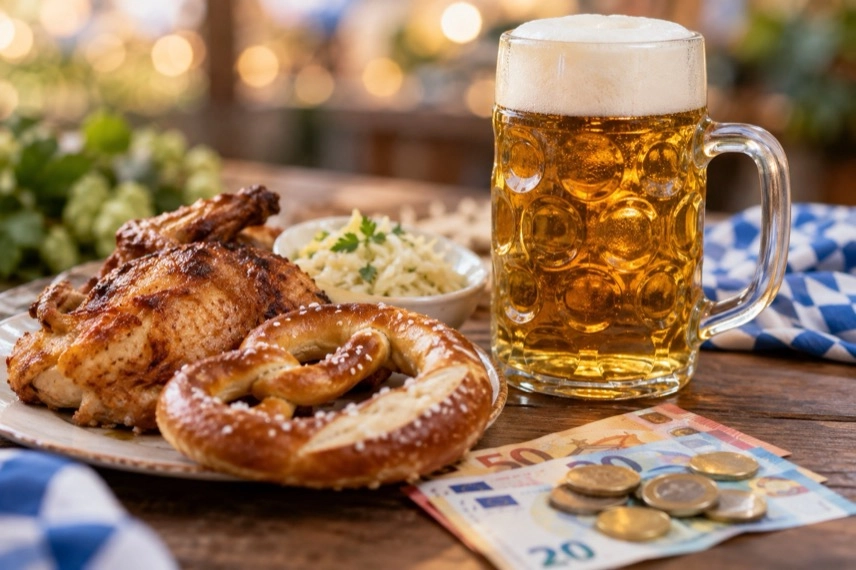 Biermaß, halbes Hendl, Brezn und Euro-Geld auf einem Tisch als Motiv zu den Oktoberfest-Preisen 2026.