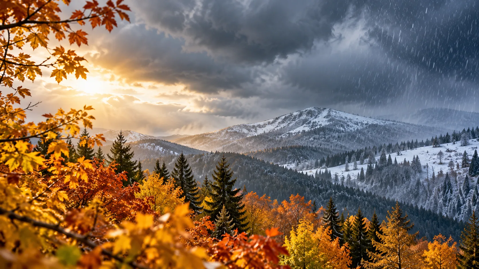 Herbstlicher Bergwald mit buntem Laub, verschneiten Höhenlagen und grauen Regenwolken beim Oktoberwetter.