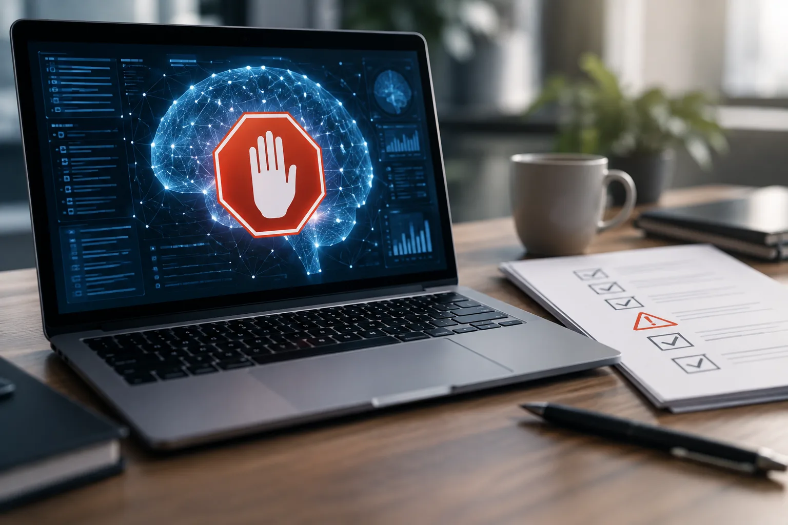 Laptop mit abstraktem KI-Interface und Dokument zu Sicherheitstests für KI-Modelle