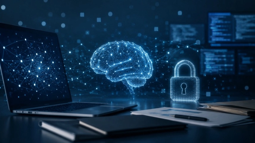 Abstrakte Darstellung von KI, Cybersicherheit, digitalen Netzwerken und IT-Sicherheit mit anonymem Arbeitsplatz und Datensymbolen.