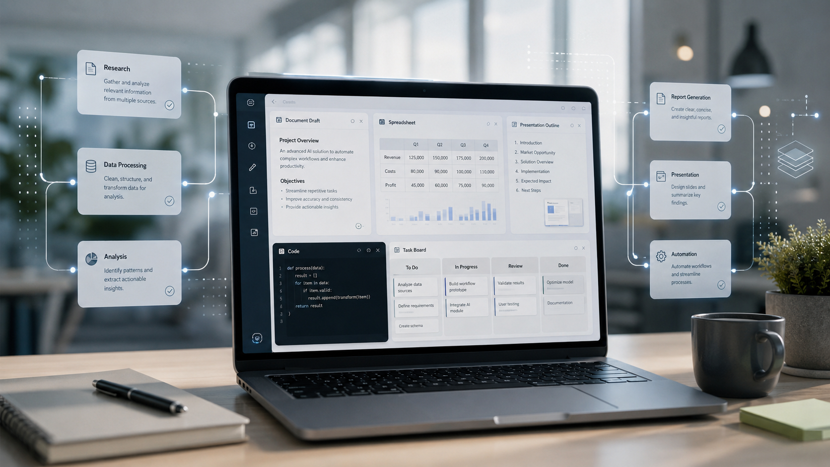 Laptop mit einer generischen KI-Arbeitsoberfläche, Dokumentenfenstern, Tabellen und digitalen Prozesslinien