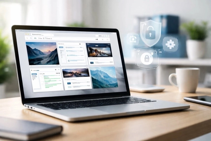 Laptop mit moderner Browser-Oberfläche, mehreren Tabs und Symbolen für Datenschutz und Erweiterungen im Orion Browser