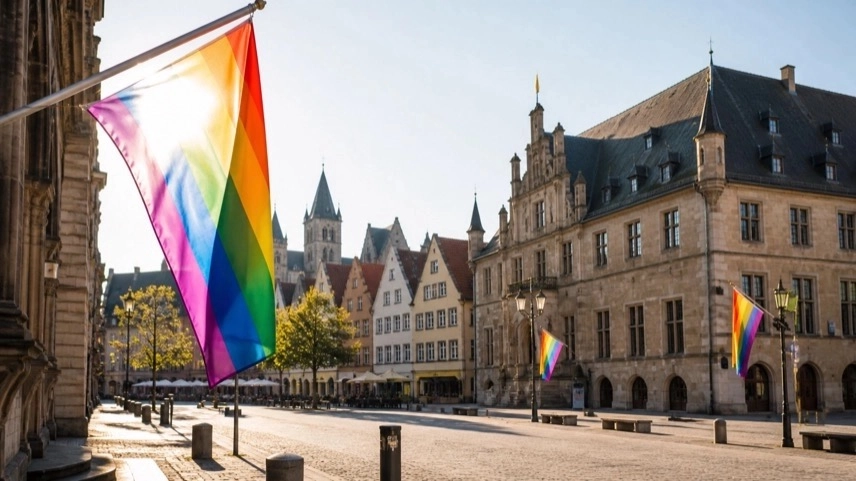 Stadtansicht mit Regenbogenfarben im öffentlichen Raum als Symbol für Vielfalt und Gleichstellung in Osnabrück