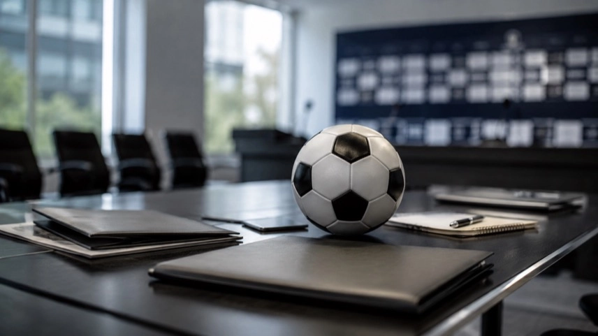 Symbolischer Konferenzraum mit Fußball, Dokumentenmappen und Besprechungstisch zum Thema Paolo Maldini und FIGC-Führungskrise.