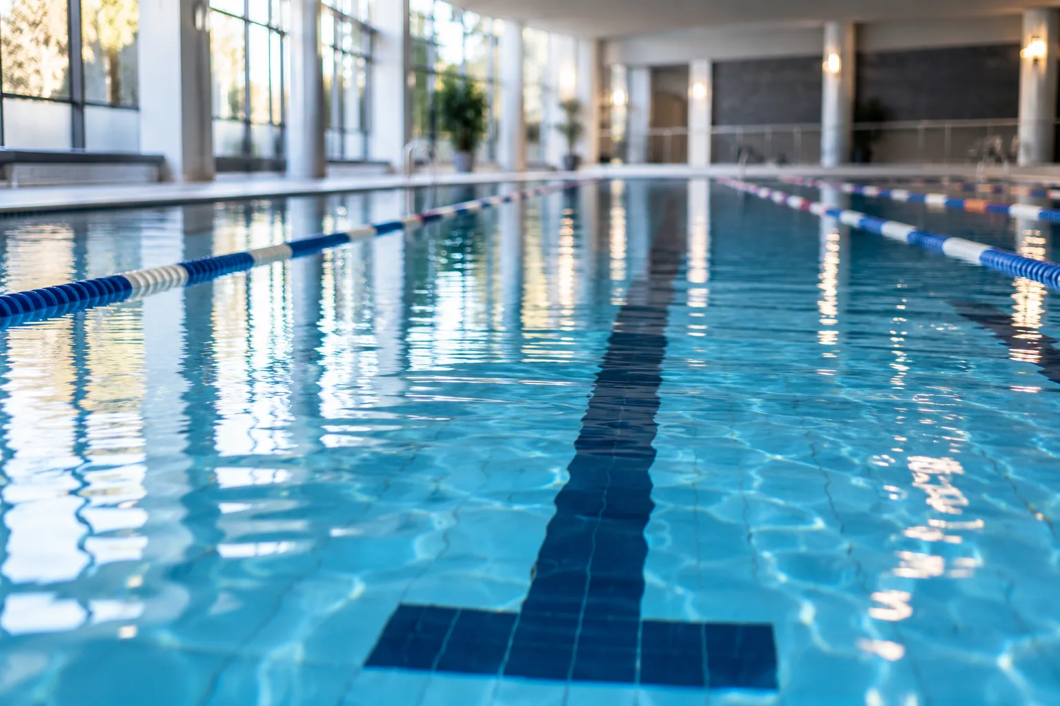 Leeres Hallenbad mit Schwimmbecken, markierten Schwimmbahnen und ruhiger Wasseroberfläche.