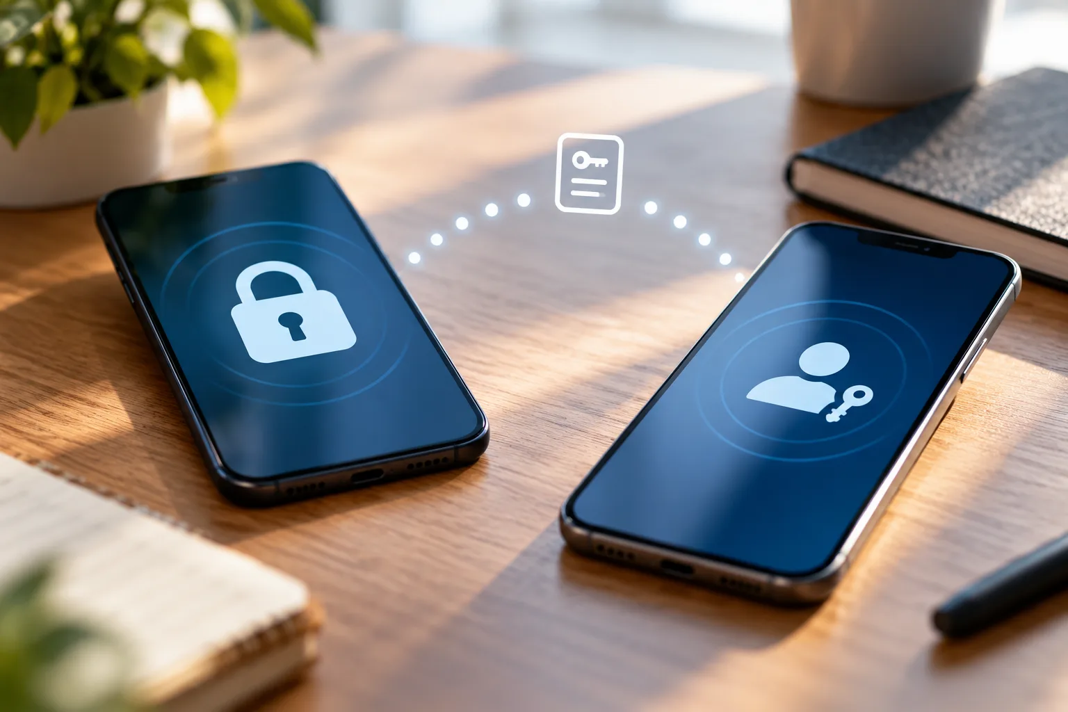 Zwei Smartphones auf einem Schreibtisch mit Schlosssymbol als Darstellung für Passkeys und digitale Anmeldung.