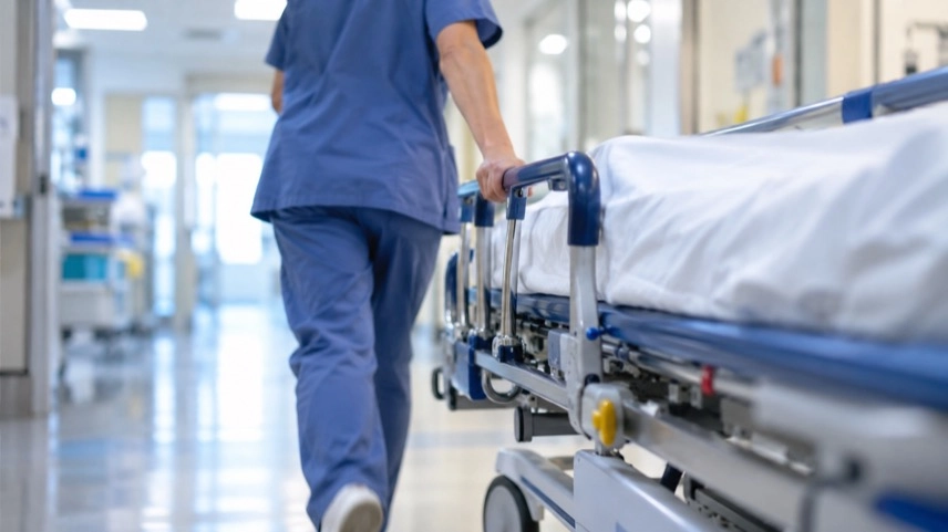 Neutrales Krankenbett mit Handgelenkstütze und Rettungswagen vor einem anonymen Klinikbereich.