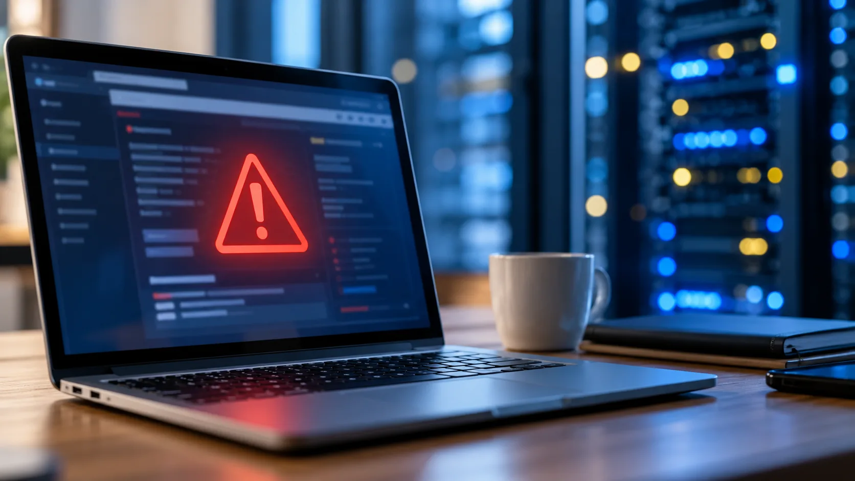 Laptop mit Warnsymbol auf dem Bildschirm und unscharfer Darstellung von Serverstrukturen im Hintergrund.