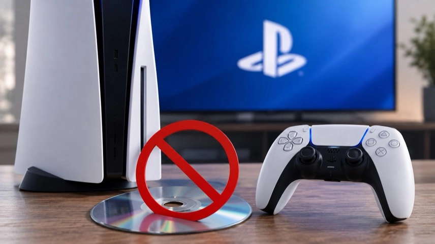 Anonyme Spielekonsole mit Controller, leerer Spielehülle und digitaler Spielebibliothek auf einem Fernseher