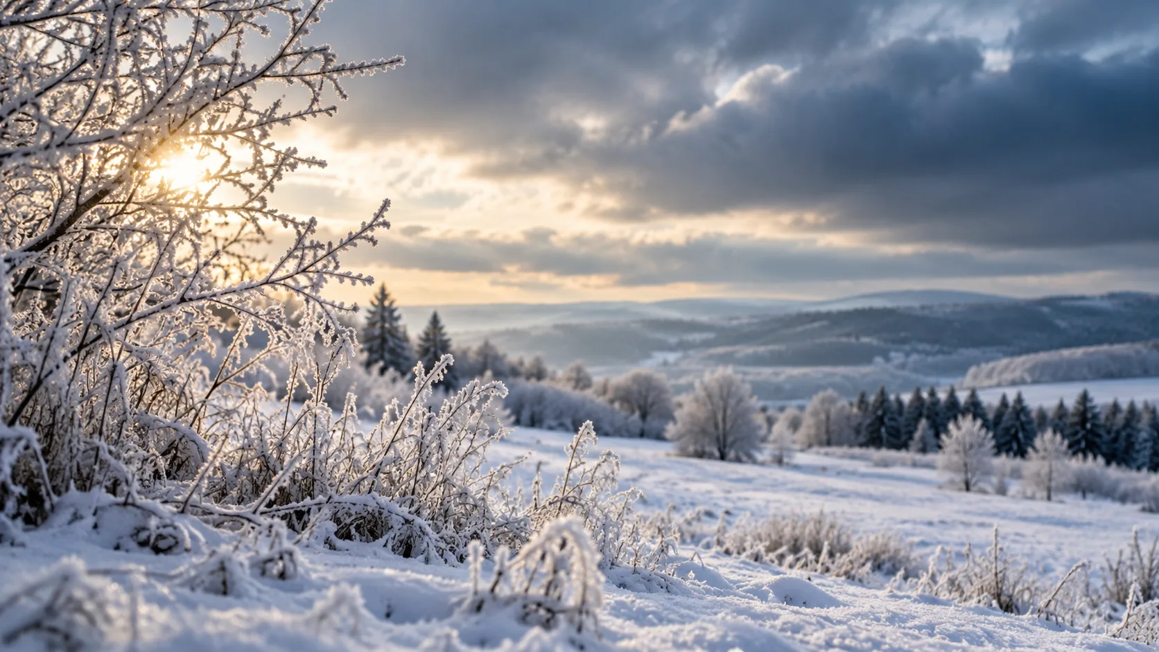 Winterliche Landschaft mit dünner Schneedecke, kahlen Bäumen, Raureif und grauem Himmel.