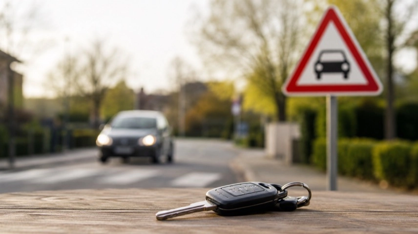 Fahrschulschild und Autoschlüssel vor einer Wohnstraße als Symbol für Fahrerlaubnis und Verkehrssicherheit