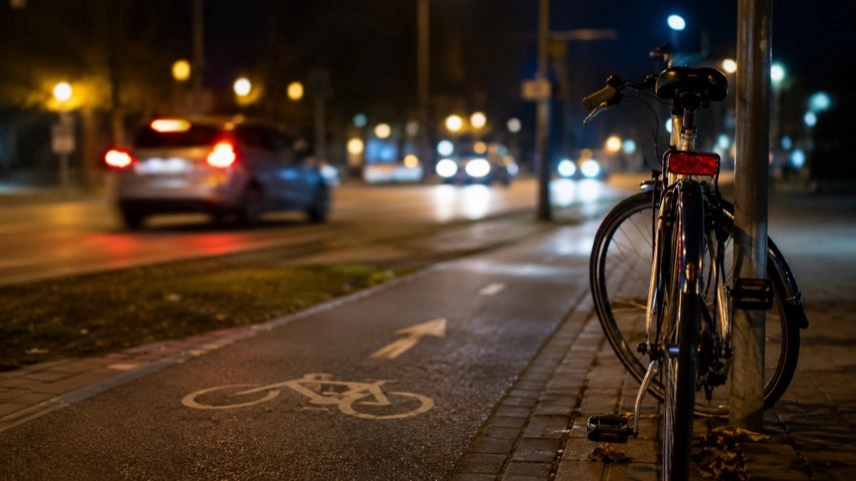 Nächtlicher Radweg an einer Kreuzung mit Fahrrad und Verkehrsschild im Stadtverkehr