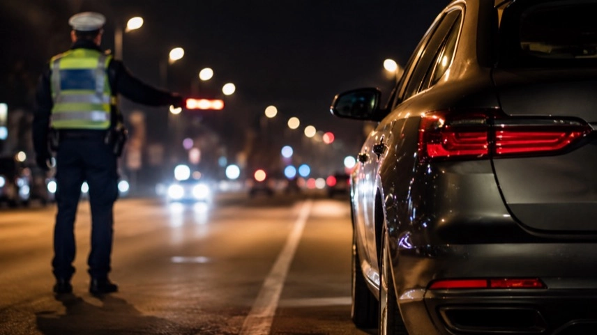 Auto am Straßenrand neben Verkehrsschild, symbolische Darstellung von Polizeikontrolle und Verkehrssicherheit im Straßenverkehr