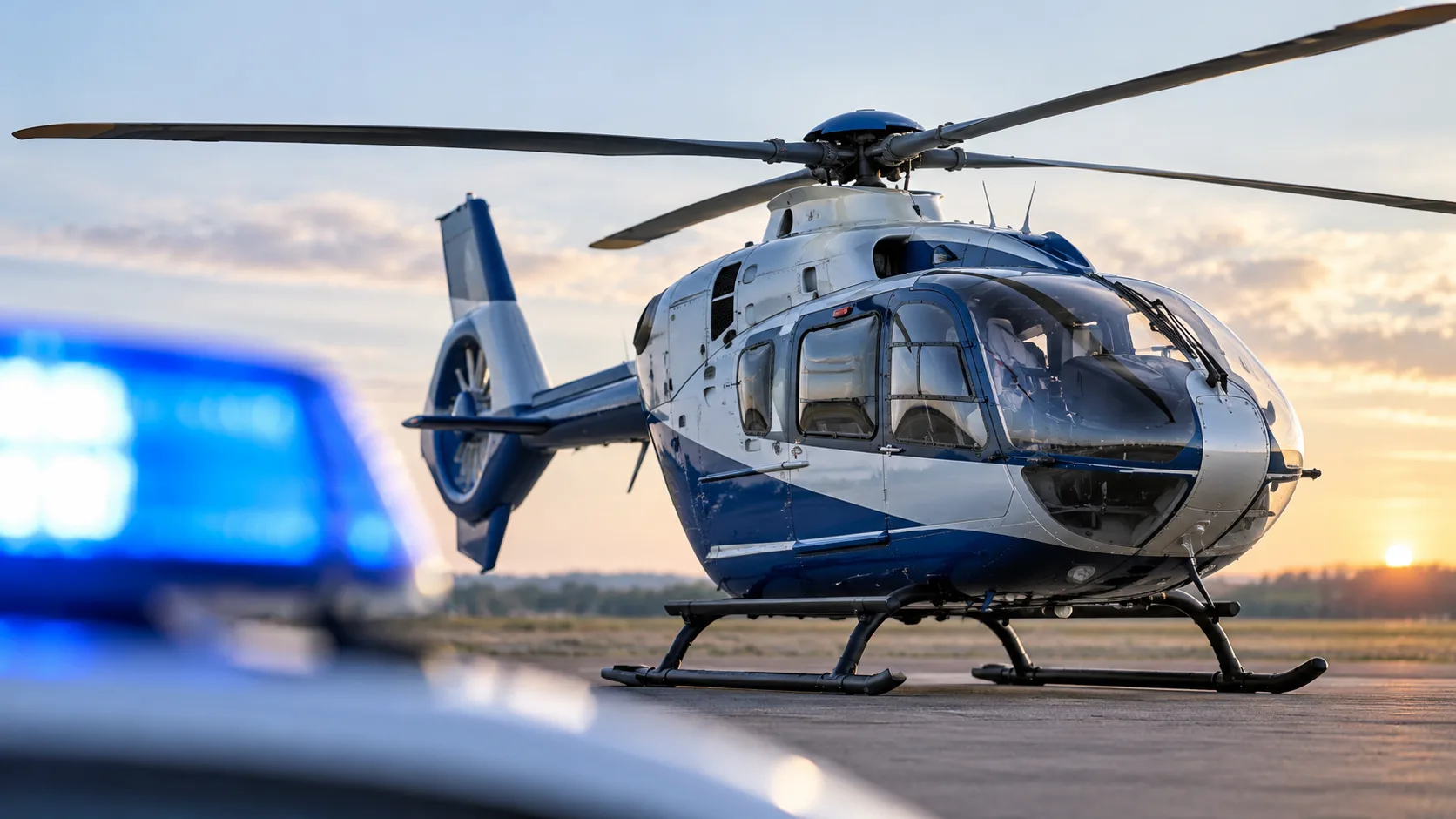 Generischer Polizeihubschrauber auf einer neutralen Abstellfläche mit Blaulicht im Vordergrund.