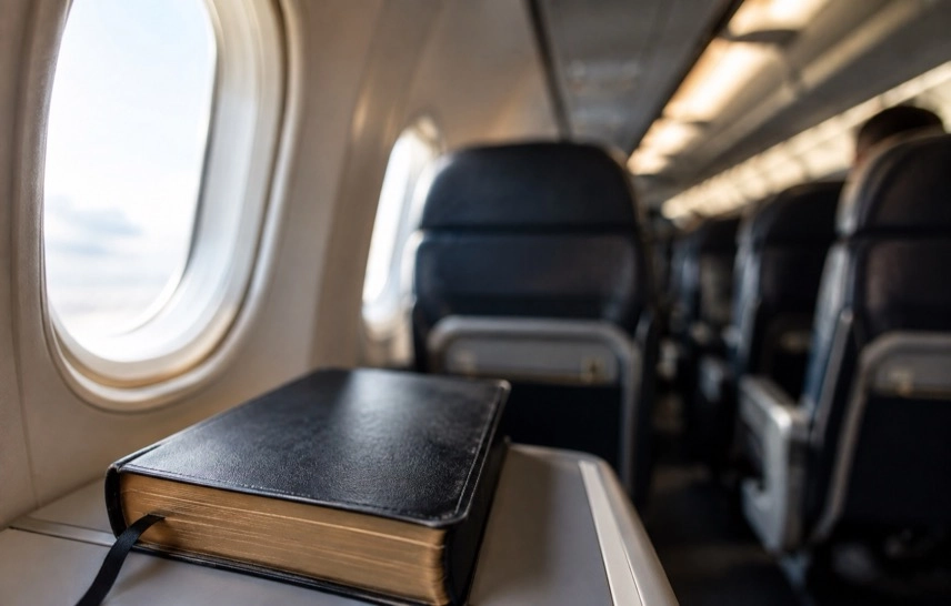Passagierkabine eines Flugzeugs mit anonymen Reisenden und einem kleinen Kreuz auf einem Buch