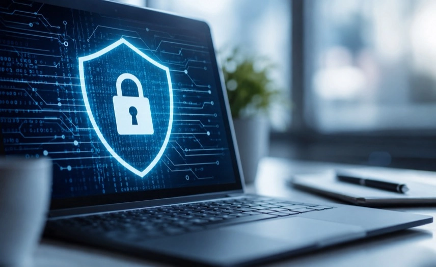 Laptop mit Browserfenster, Sicherheitshinweisen und Update-Symbol als Motiv für Sicherheitslücken im Prisma Browser