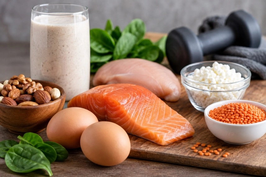 Proteinreiche Lebensmittel und Proteinshake neben wissenschaftlichen Diagrammen auf einem Tisch
