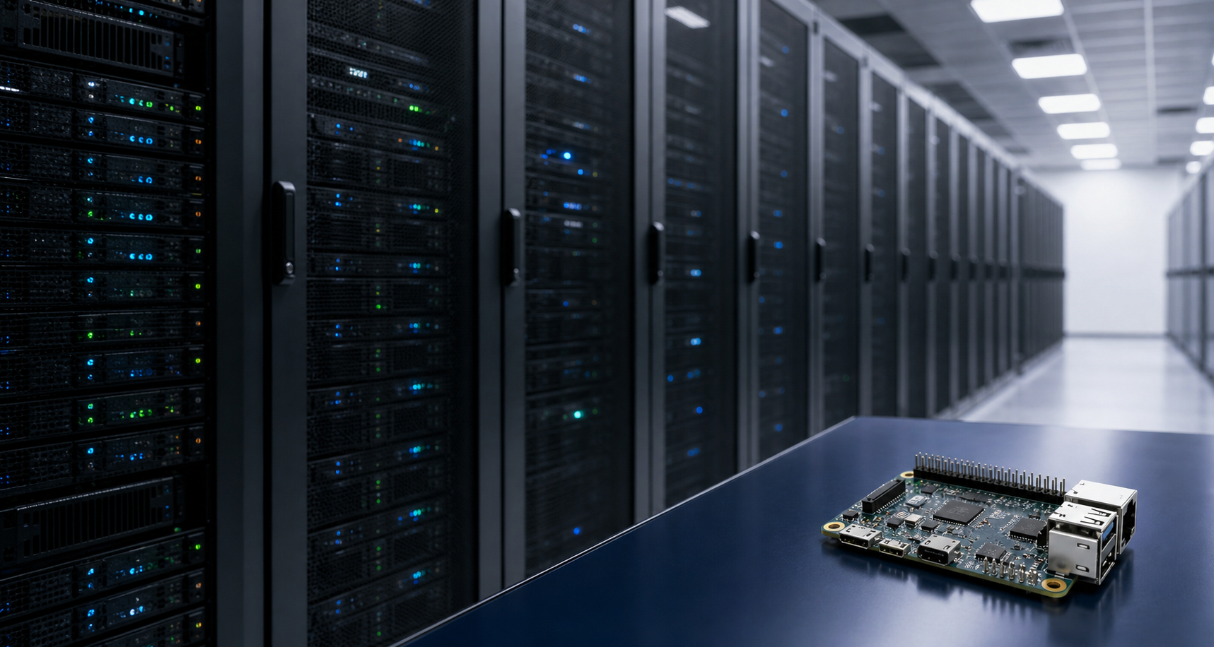 Serverhardware neben einem ARM-Einplatinencomputer als Motiv zur ARM64-Unterstützung von Proxmox VE.