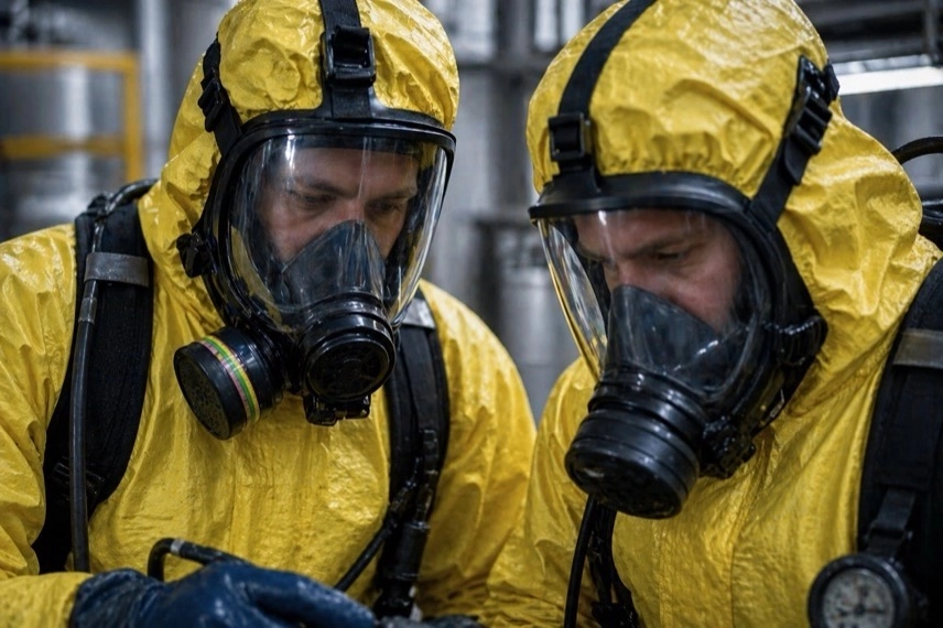 Abgesperrter Industriebereich mit beschädigtem Gerät und Einsatzkräften nach Quecksilber-Austritt in Fabrik