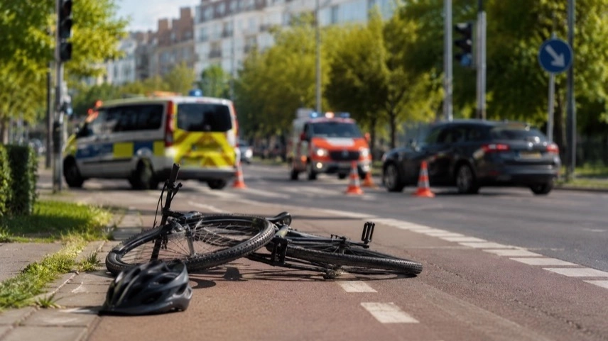Kreuzung mit Radweg und Fahrrad nach Verkehrsunfall in Stuttgart-Degerloch bei einem Abbiegeunfall