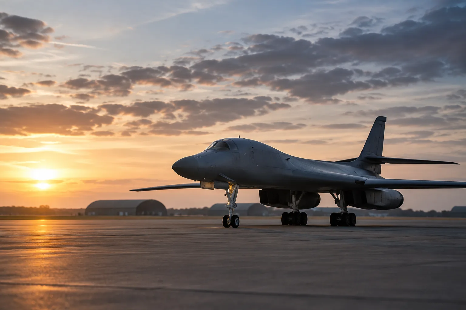 Strategischer Langstreckenbomber auf einer militärischen Startbahn vor neutralen Hangars.