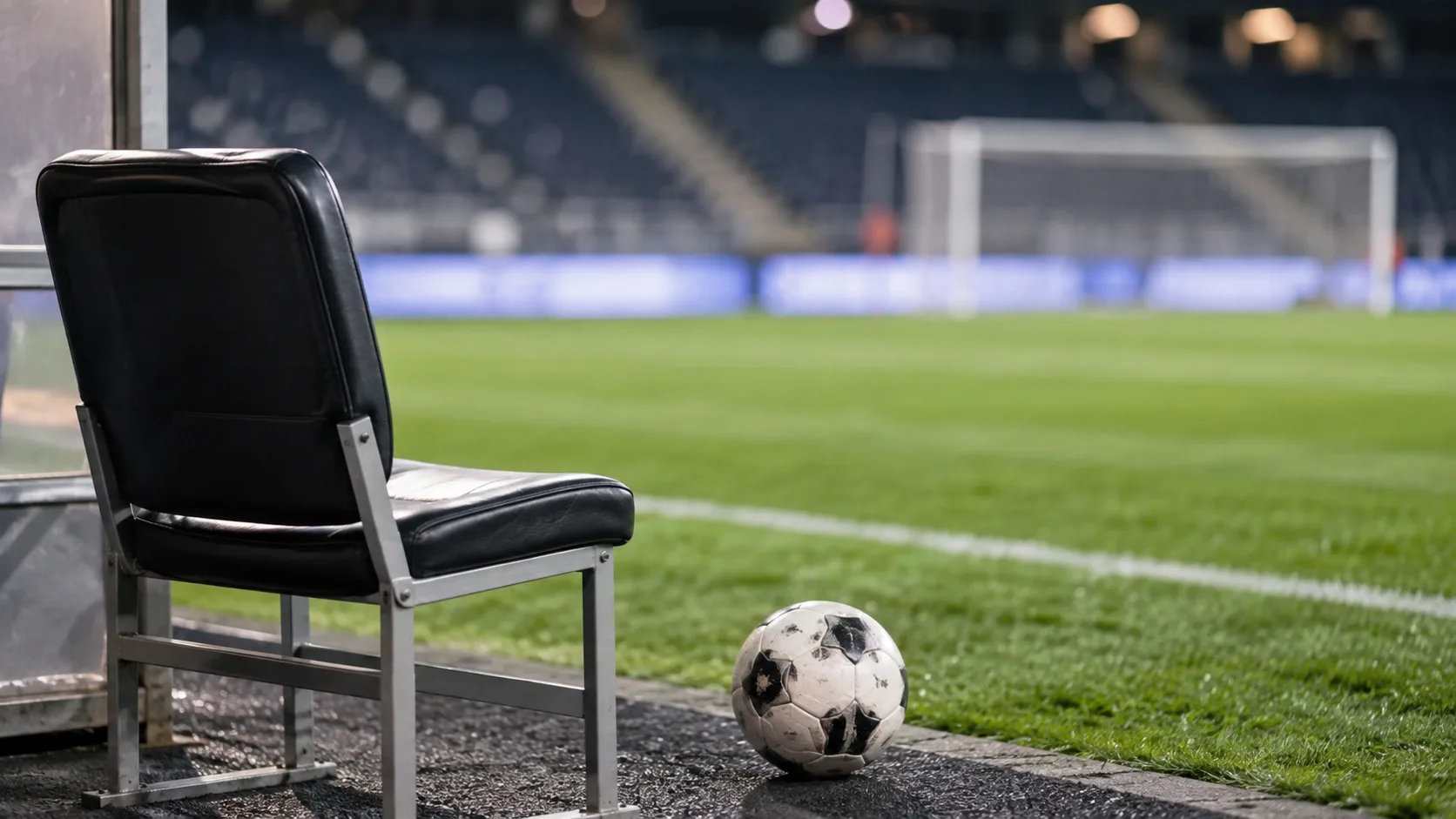 Leerer Trainerstuhl an der Seitenlinie eines Fußballfeldes, dahinter eine unscharfe Trainerbank und ein Tor.
