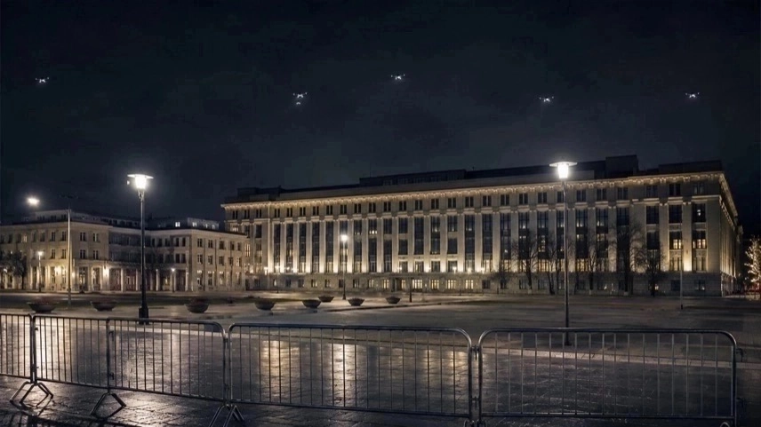 Beleuchtetes Regierungsviertel bei Nacht mit Drohnen am Himmel als Symbol für die politische Krise in Lettland