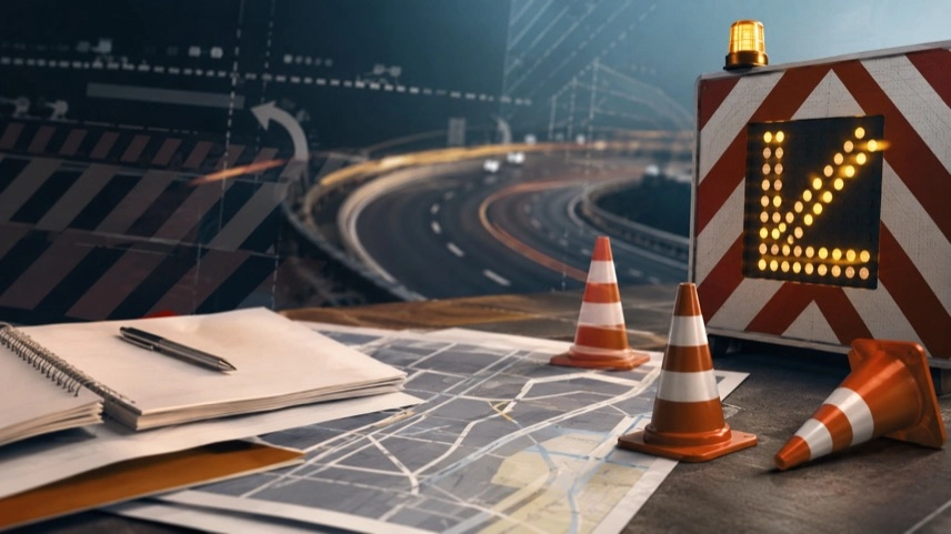 Abstrakte Darstellung einer Autobahn mit Verkehrsleitkegeln, Absperrtafel und Fahrbahnmarkierungen als Symbol für einen Reisebus-Unfall auf der A8.