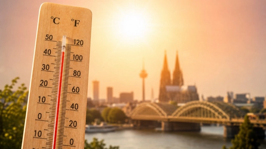 Ausgetrockneter, rissiger Boden und trockenes Gras in der Sommersonne als Motiv für Hitze und Trockenheit.