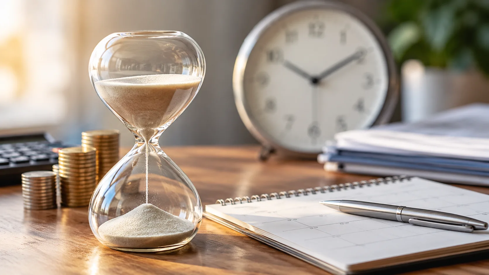 Sanduhr, Münzen, Kalender und Uhr auf einem Schreibtisch zur Planung des Renteneintritts