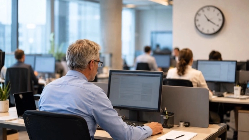 Älterer Arbeitnehmer in modernem Büro während Debatte über Rente mit 70 und gesetzliche Rentenversicherung