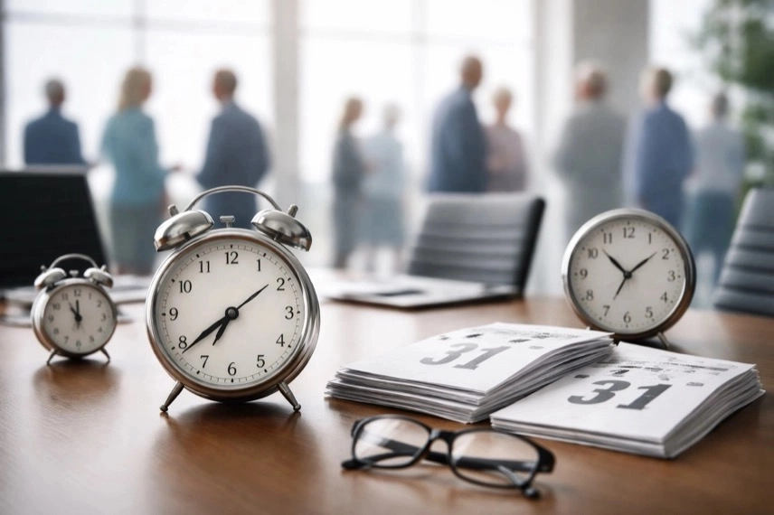 Uhren und Kalender auf Tisch symbolisieren Renteneintrittsalter und steigende Lebenserwartung in Deutschland