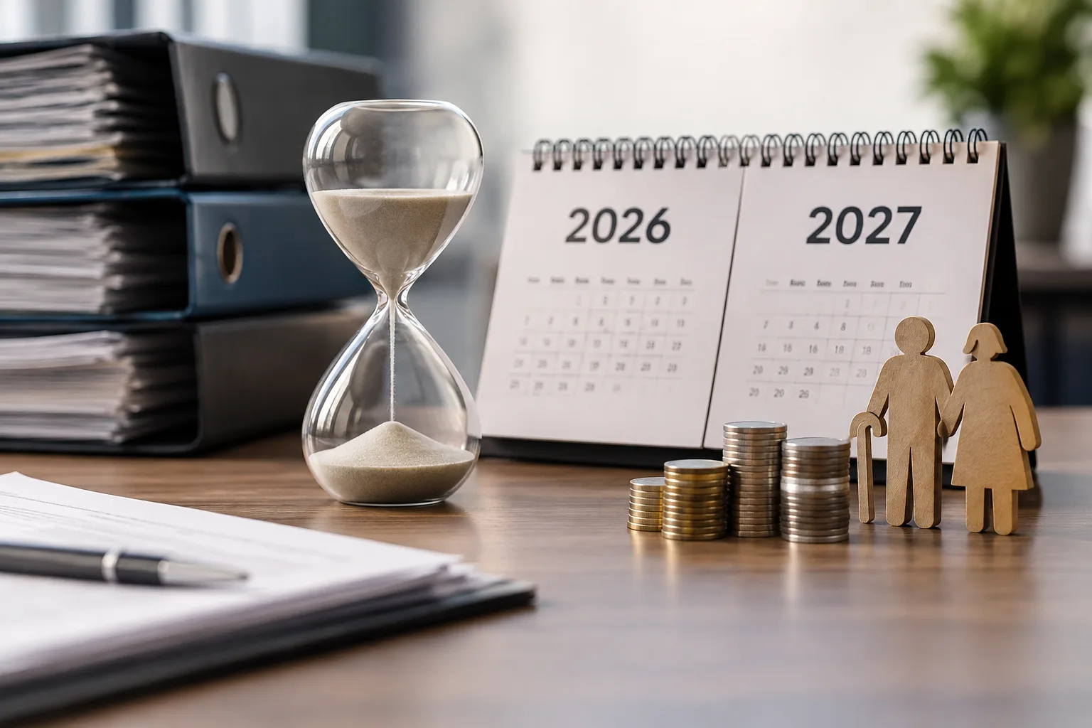 Kalender mit den Jahren 2026 und 2027, Sanduhr und Dokumentenmappen auf einem Schreibtisch zur Rentenreform.