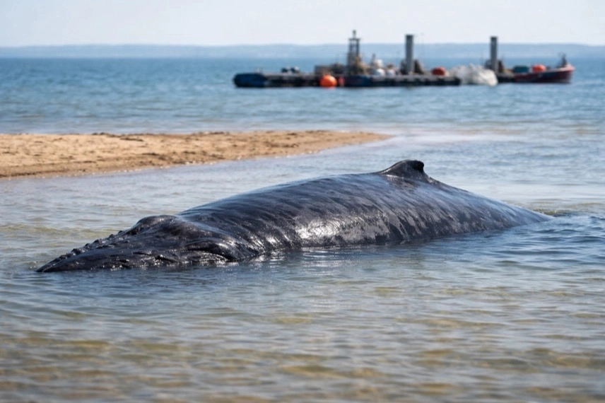 Buckelwal in flachem Ostseewasser nahe Sandbank mit angedeuteter Rettungsaktion und Pontons im Hintergrund