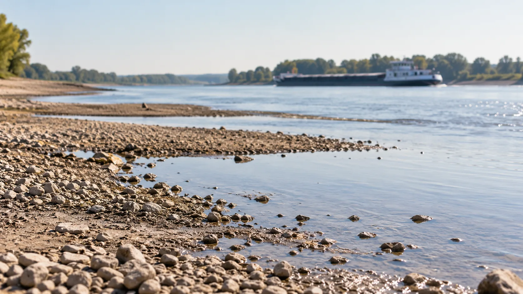 Niedriger Rheinpegel mit freiliegenden Kiesflächen und einem Frachtschiff auf dem Fluss