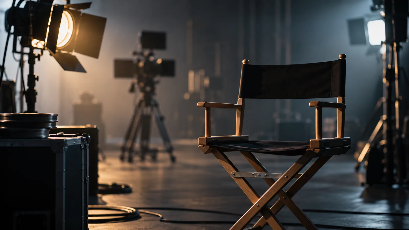 Leerer Regiestuhl neben ausgeschaltetem Monitor und Stativ in einem abgedunkelten Filmstudio.