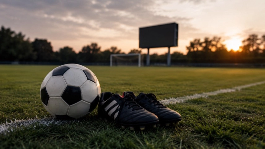 Fußballplatz mit Ball und Fußballschuhen auf der Seitenlinie, Symbol für Ronaldinho und mögliches Fußball-Comeback