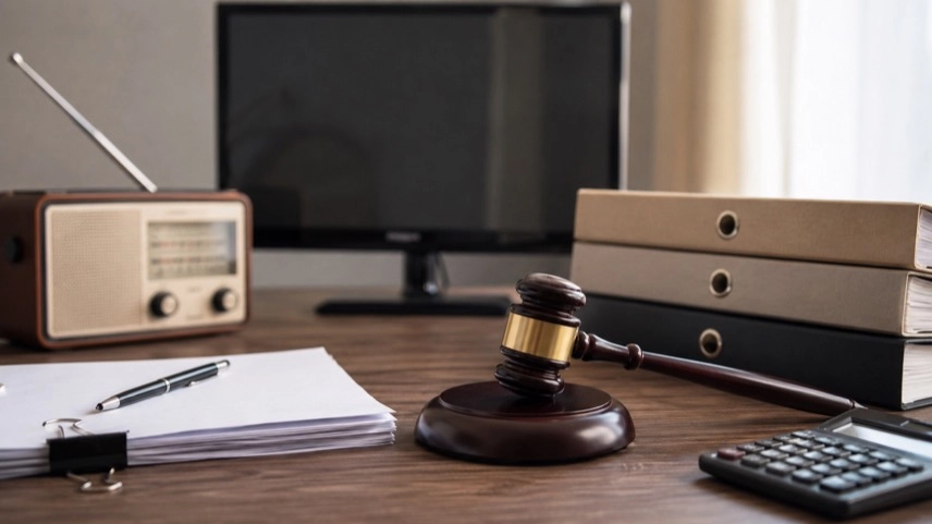 Fernseher, Radio, Aktenordner und Justizhammer zum Rundfunkbeitrag vor dem Bundesverfassungsgericht
