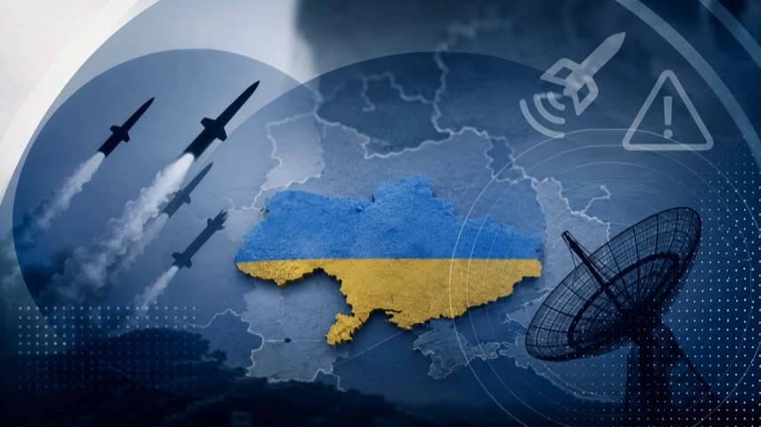 Abstrakte Karte der Ukraine mit neutralen Symbolen für Raketenangriff, Luftalarm und Sicherheitslage in Kiew.