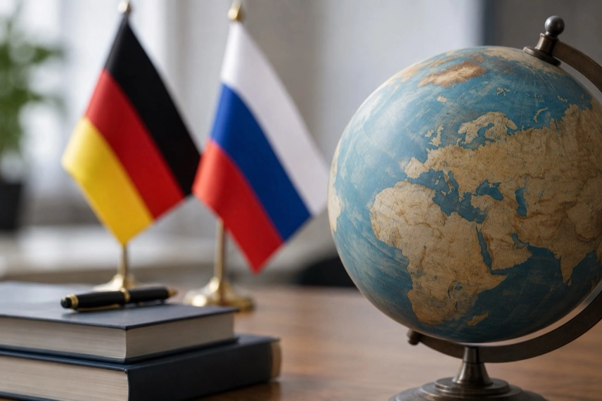 Deutsche und russische Tischflagge neben Dokumenten als Motiv zu den deutsch-russischen Beziehungen