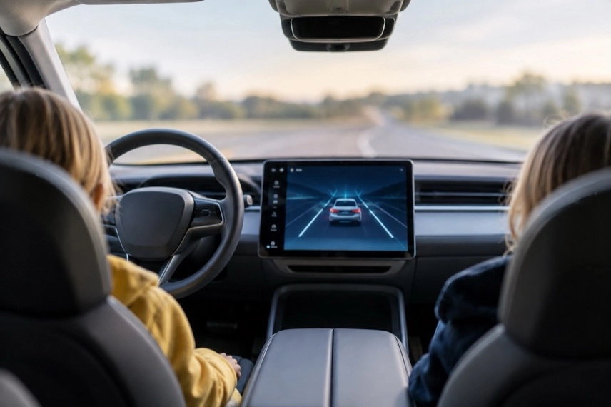 Generisches Forschungsfahrzeug mit Sensoren für autonomes und vernetztes Fahren auf einer neutralen Testfläche