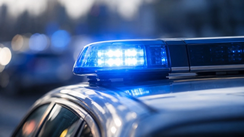 Polizeifahrzeug mit Blaulicht vor unscharfer technischer Infrastruktur zum Thema Sabotage am Stromnetz