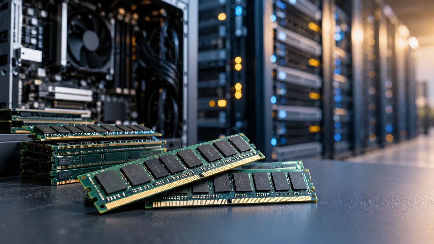 RAM-Speichermodule neben einem geöffneten Desktop-PC, im Hintergrund unscharfe Serverkomponenten.