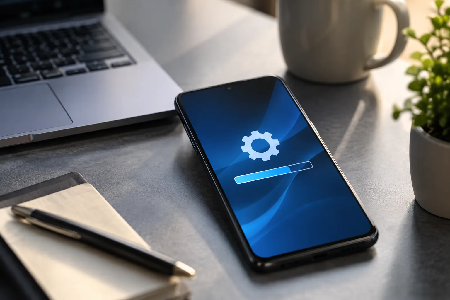 Neutrales Smartphone mit Softwareupdate-Anzeige neben einem Laptop auf einem Schreibtisch.