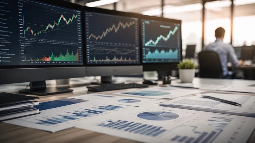 Börsenbildschirme mit steigenden Kurslinien und Geschäftsdiagrammen zur Entwicklung der SAP-Aktie und des Cloud-Geschäfts