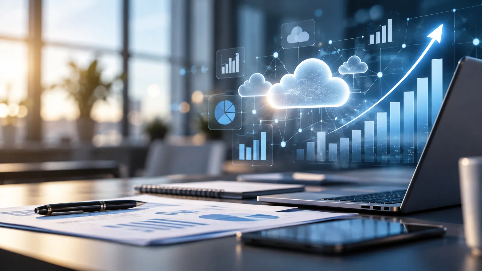 Moderner Büroarbeitsplatz mit Laptop und Monitoren, die Cloud-Daten, digitale Netzwerke und steigende Diagramme zeigen.