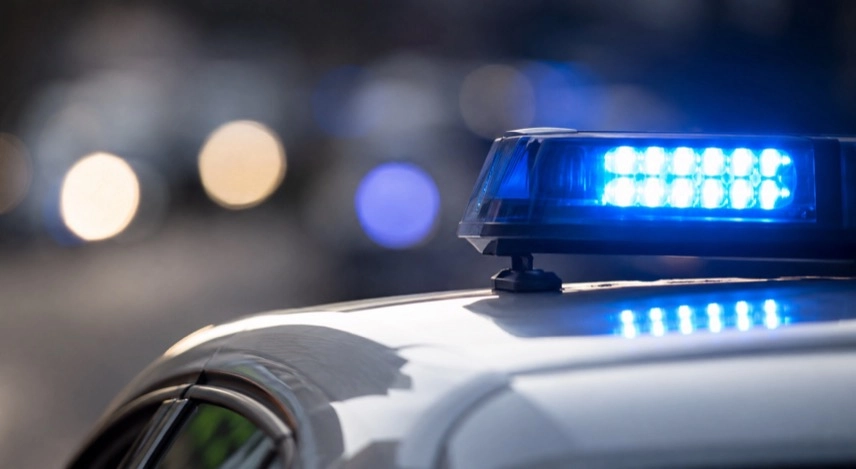 Generisches Polizeifahrzeug im Hintergrund und anonyme Meldeunterlagen für Kontrollen von Scheinanmeldungen