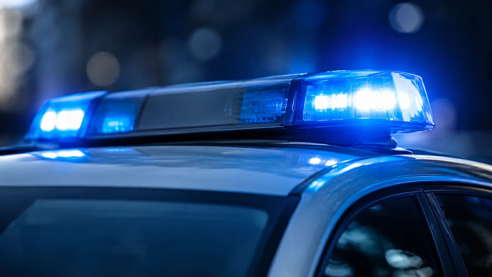 Neutrales Polizeifahrzeug mit blauem Warnlicht vor dunklem, unscharfem Hintergrund ohne erkennbare Umgebung.