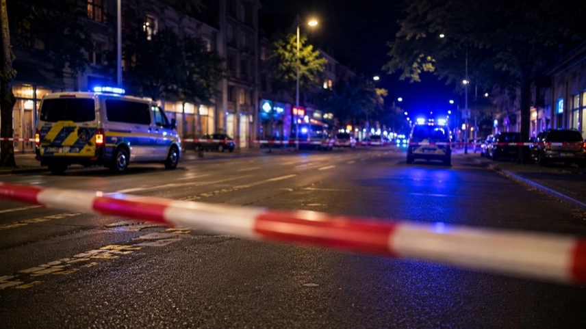 Abgesperrte Straße bei Nacht mit Polizeifahrzeugen und Blaulicht nach Schussattacke in der Kölner Innenstadt