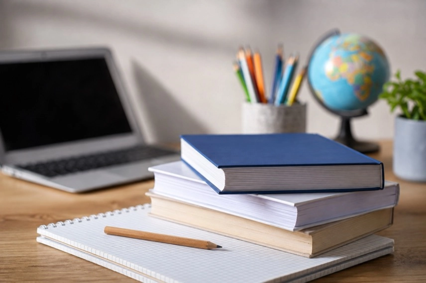 Schulbücher, Hefte und Schreibmaterial auf einem häuslichen Lernplatz zum Thema Heimunterricht in Österreich.